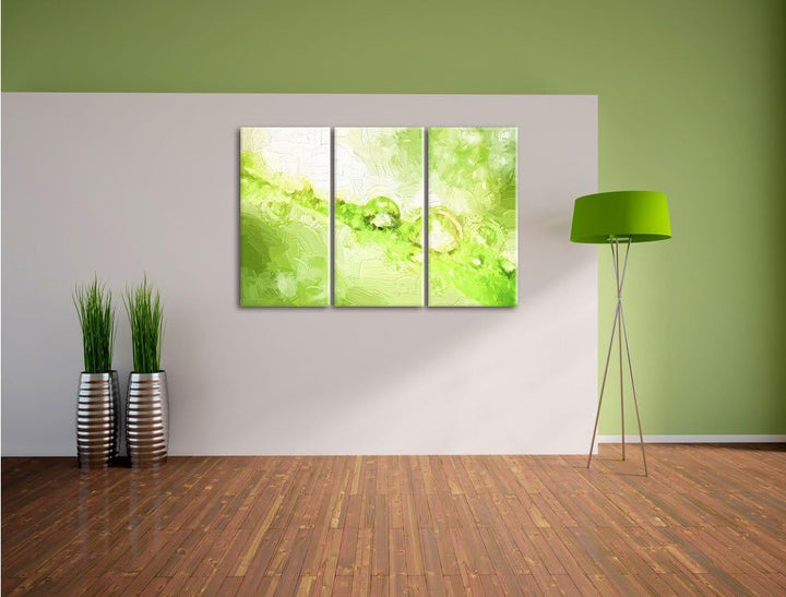 Pixxprint Wassertropfen auf Grashalm Kunst Pinsel Effekt 3-Teiler Leinwandbild 120x80 Bild auf Leinw