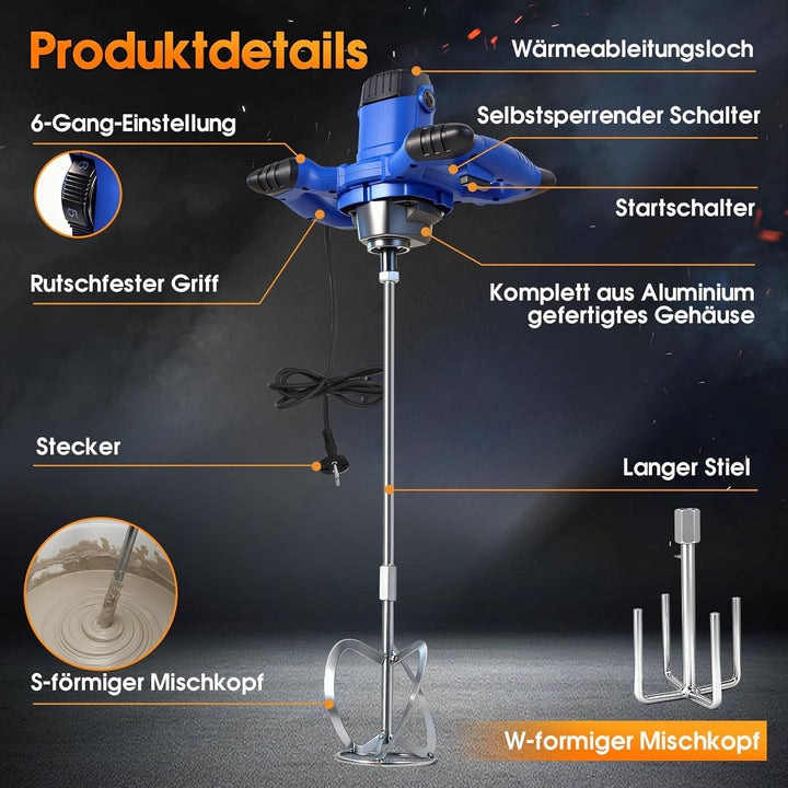 3500W Mörtelrührer, Betonmischer, Rührwerk Beton, 6-Gang-Drehzahlregulierungc Rührer Elektrisch, Qui