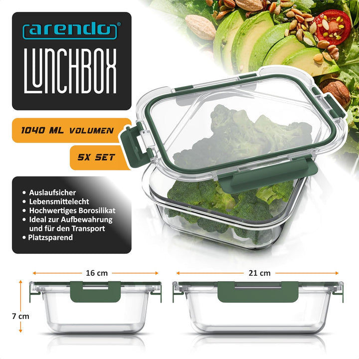 Arendo - Lunchboxen Glas - Frischhaltedosen für Lebensmittel mit Deckel luftdicht - 5er Set - 1000 m