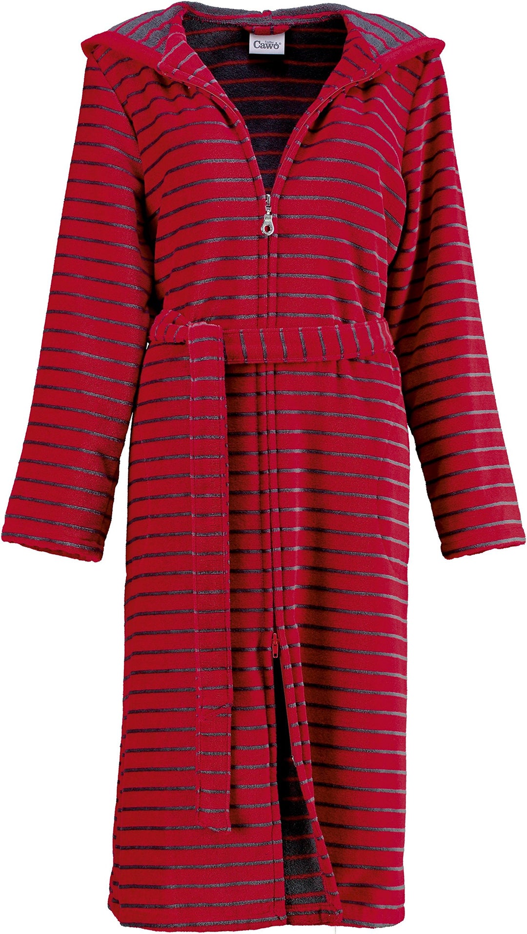 Cawö Damen-Bademantel mit Kapuze Velours rot Grösse 44