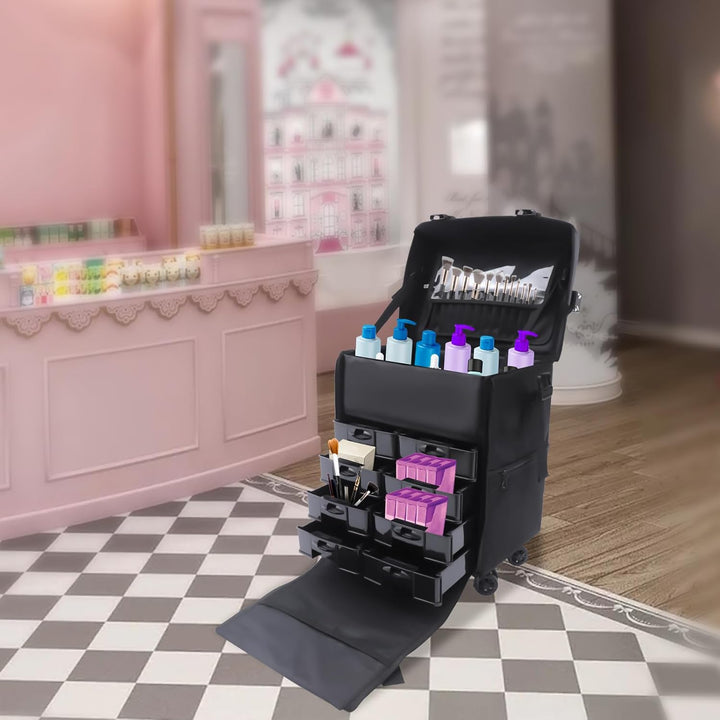 2 in 1 Kosmetikkoffer, Abnehmbarer Kosmetikkoffer Trolley mit Rollen und Deichsel, Friseurkoffer mit