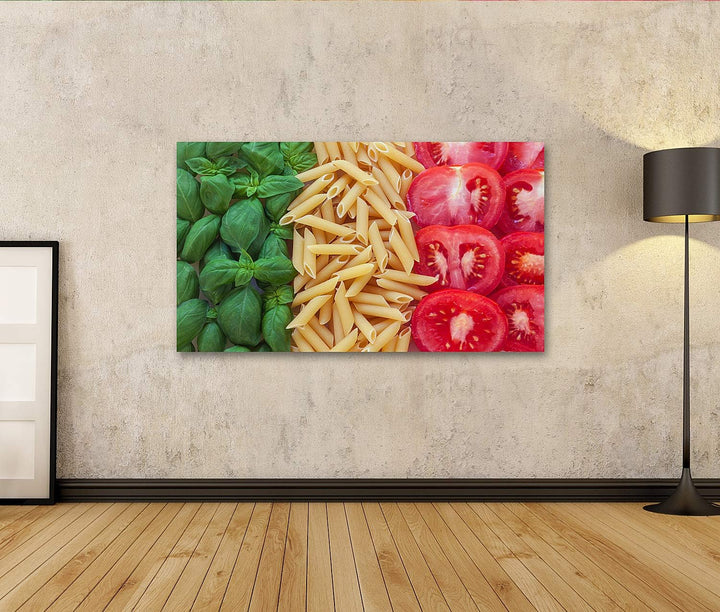 islandburner Bild auf Leinwand Italienisches Essen Mit Hintergrund Pasta Tomate Basilikum Bilder Wan