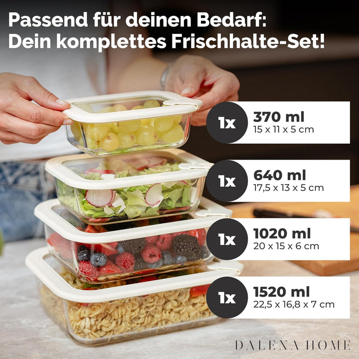 Frischhaltedosen Set 1x370ml, 1x640ml, 1x1020ml, 1x1520ml – Borosilikatglas, Glasbehälter luftdicht