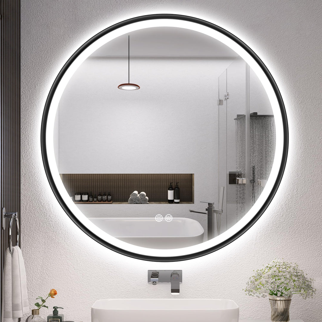 S'bagno Badspiegel mit Beleuchtung 80cm, Spiegel Rund mit Beleuchtung mit Aluminiumrahmen, Entfoggen