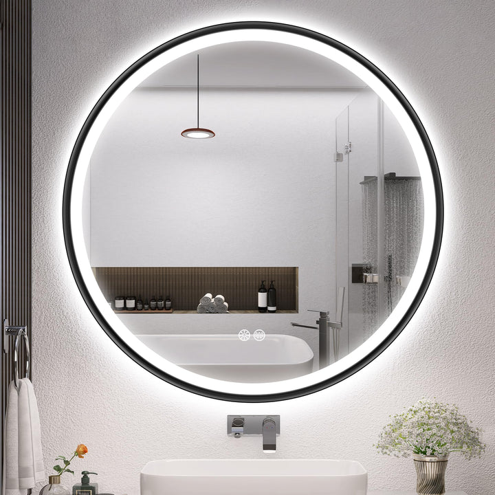 S'bagno Badspiegel mit Beleuchtung 80cm, Spiegel Rund mit Beleuchtung mit Aluminiumrahmen, Entfoggen