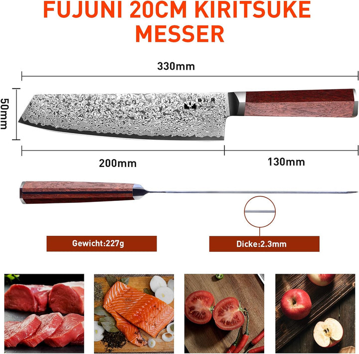 FUJUNI Damastmesser Kiritsuke Profi Kochmesser Mit Extrem Scharf 20cm Klinge Aus 67 Lagen Vg-10 Dama