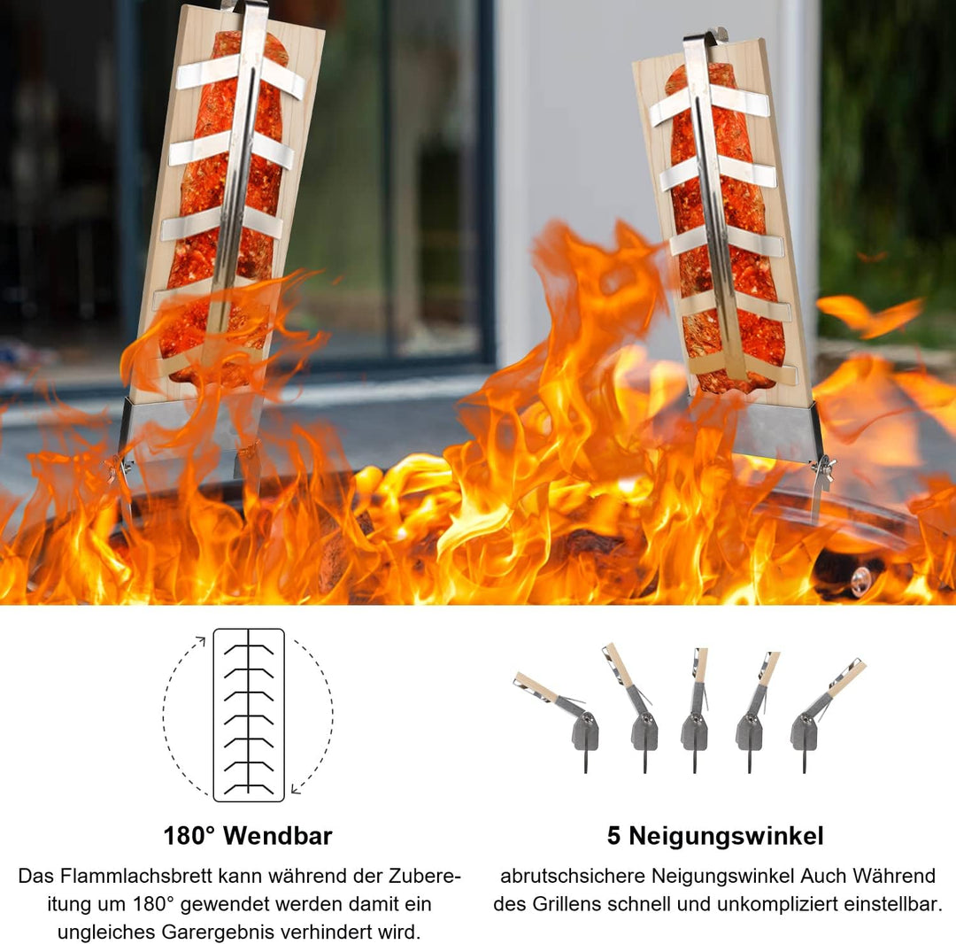 Yakimz 2er Set Flammlachsbrett mit Edelstahl Halterung, Räucherbrett,5 Stufen Einstellbar Flammlachs