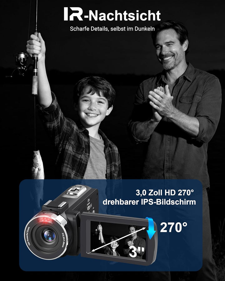Videokamera Camcorder 4K 80MP mit IR Nachtsicht, HD 30FPS 18X Digitalzoom Webcam Videokameras, 3,0-Z