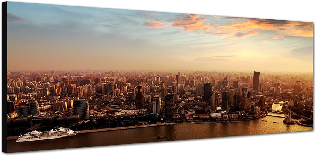 Paul Sinus Art Panoramabild auf Leinwand und Keilrahmen 120x40cm Shanghai Skyline Sonnenuntergang Wo