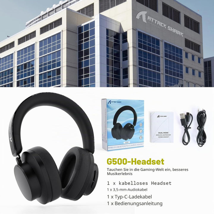 ATTACK SHARK G500 Kabelloser Kopfhörer mit Active Noise Cancelling, Over Ear Bluetooth Headset mit I