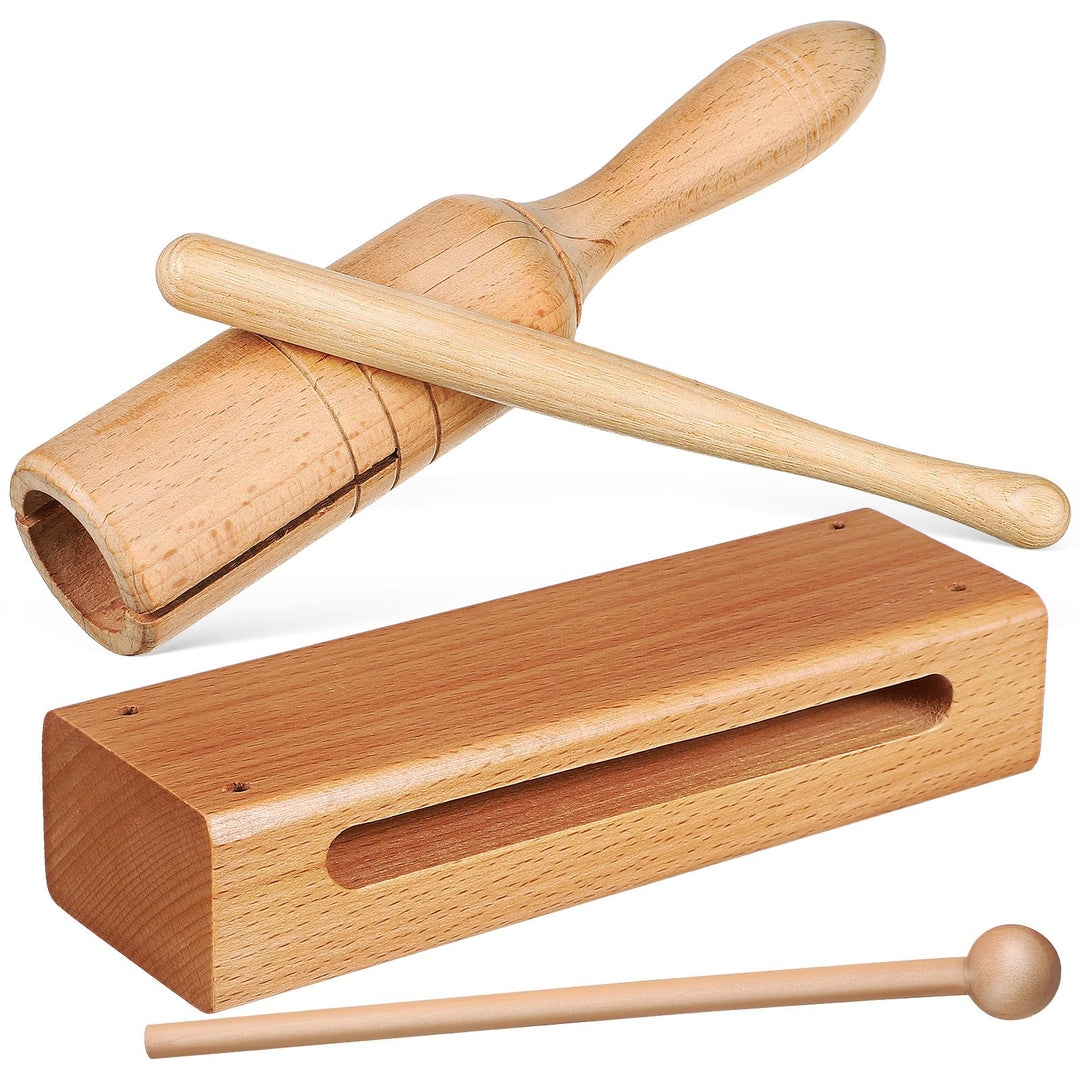 Vaguelly 2 Sätze Holz Orff Instrument Percussion Blöcke und Handtrommel mit Holzschlägeln Rhythmus H