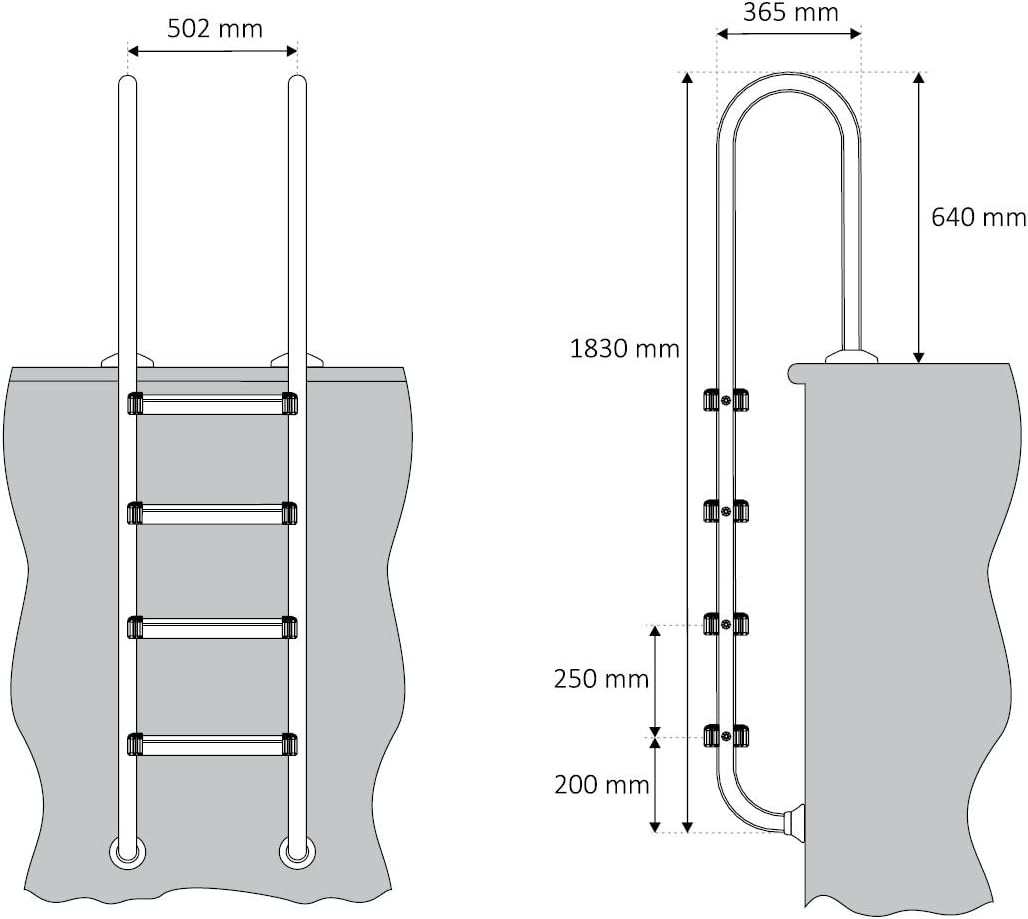 Zelsius V2A Edelstahl Poolleiter mit 4 Stufen | 50,2 x 36,5 x 183 cm - Silber | mit Rutschsicherung