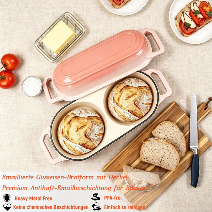 LINMAGCO Emaillierte Brotbackform aus Gusseisen, Brotbackform mit Deckel inkl, zwei runde Backfächer