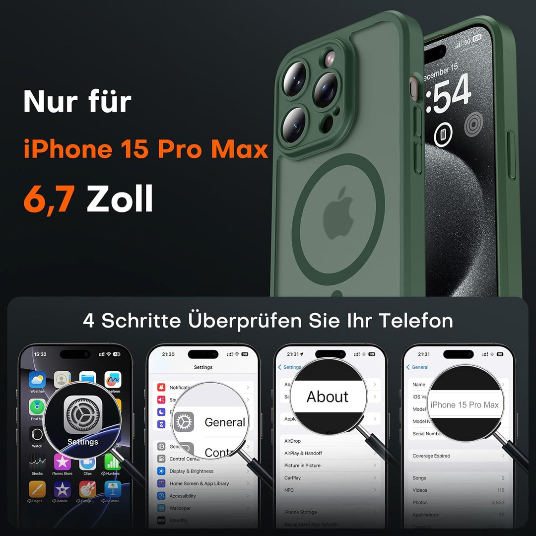 TOCOL für iPhone 15 Pro Max Hülle für Magsafe, Vollständiger Kameraschutz Stossfest Kratzfest Transl