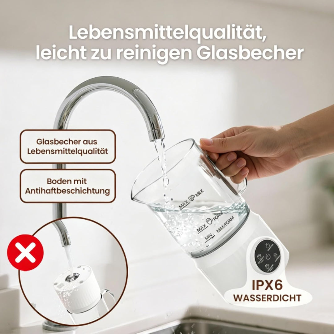 Milchaufschäumer Elektrisch 4 in 1, Automatischer Milchwärmer Milchschäumer für heiss und kalt, Glas