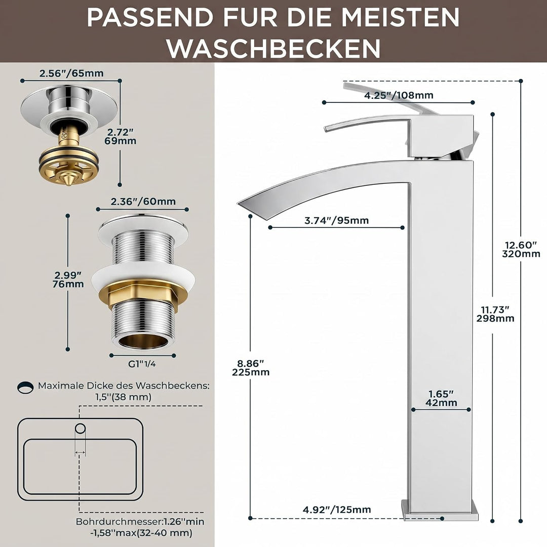 FORIOUS Wasserhahn Bad mit Ablaufgarnitur, Wasserfall Waschtischarmatur Hoch mit Auslauf Höhe 225 mm