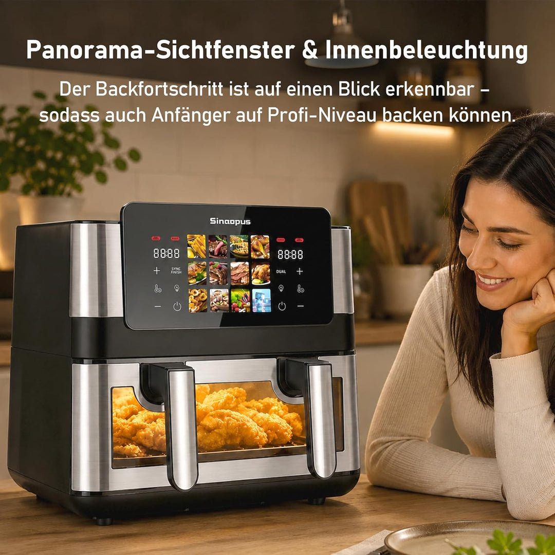 Air Fryer 9L 2000 W, Heissluftfritteuse 2 Kammern mit kühlem Griff | Digitaler Touchscreen, Sichtfen