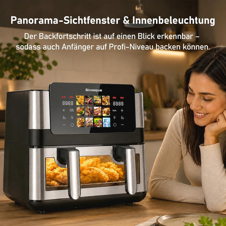 Air Fryer 9L 2000 W, Heissluftfritteuse 2 Kammern mit kühlem Griff | Digitaler Touchscreen, Sichtfen