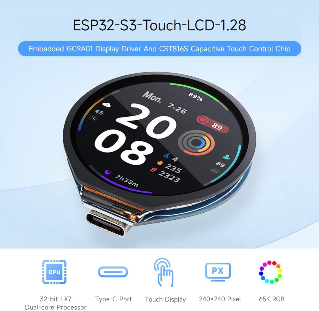Waveshare ESP32-S3 Development Board, with 1.28inch Round Touch LCD, Compact Size, Accelerometer and