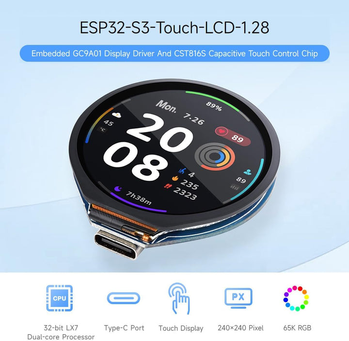 Waveshare ESP32-S3 Development Board, with 1.28inch Round Touch LCD, Compact Size, Accelerometer and