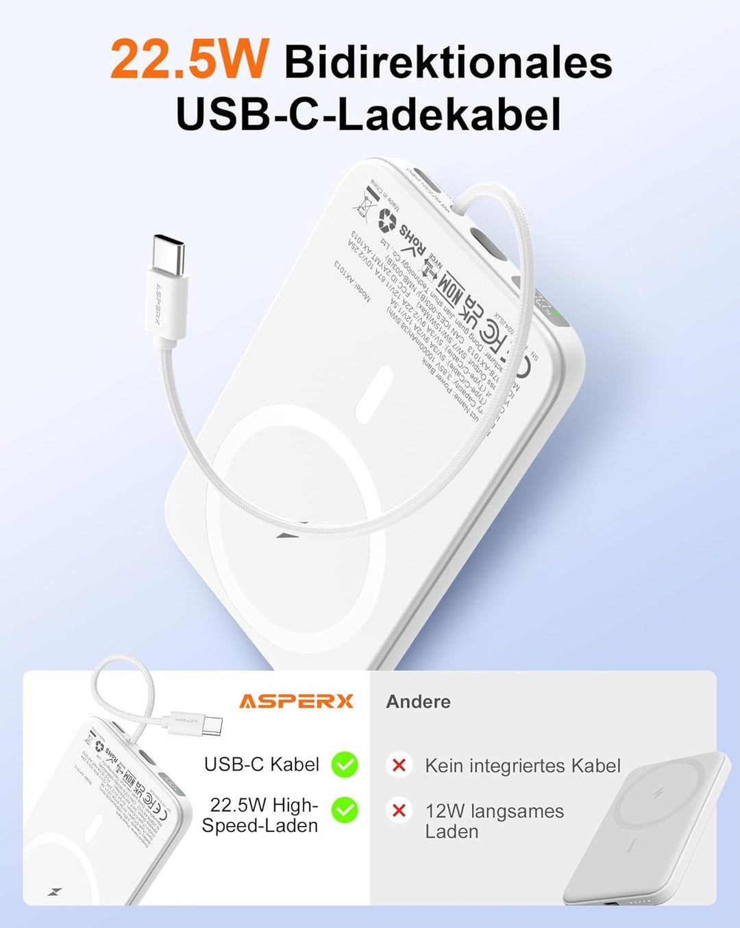 AsperX PD 22.5W 10000mAh Magnetische Powerbank für MagSafe | Mit USB-C Kabel,LED-Display,Portable Sl
