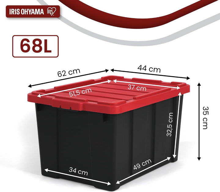 Iris Ohyama Heavy Duty Organisation Boxes, 68L, 4er-Set, Rot, Gross, Robust, Stapelbar, Aufbewahrung