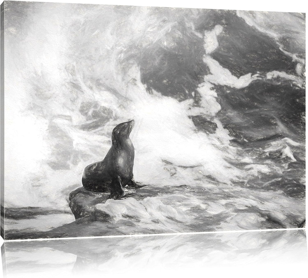 Pixxprint süsse Robbe sonnt Sich Kunst Kohle Effekt, Format: 100x70 auf Leinwand, riesige Bilder fer