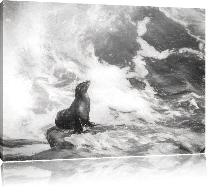 Pixxprint süsse Robbe sonnt Sich Kunst Kohle Effekt, Format: 100x70 auf Leinwand, riesige Bilder fer