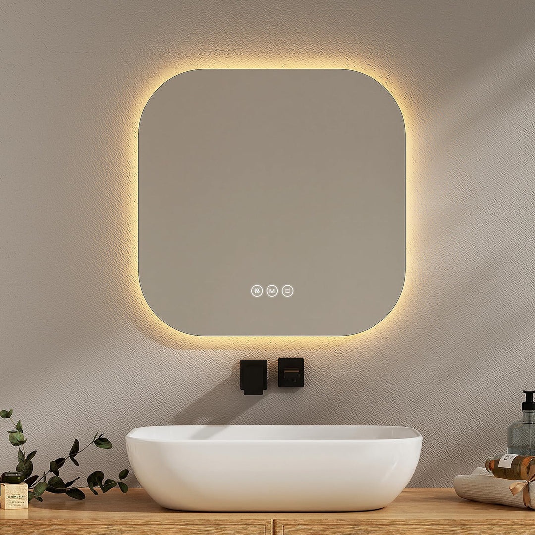 EMKE Badspiegel mit Beleuchtung 50x50cm mit 3 Lichtfarbe Dimmbar, Antibeschlag, Touchschalter, Speic