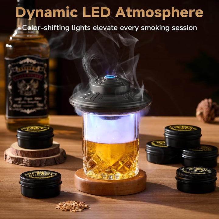 ComboJoy Elektrisches Whisky-Räucherkit mit LED, 6 Aromaholzspäne, Whisky-Glas & Eisform, wiederaufl