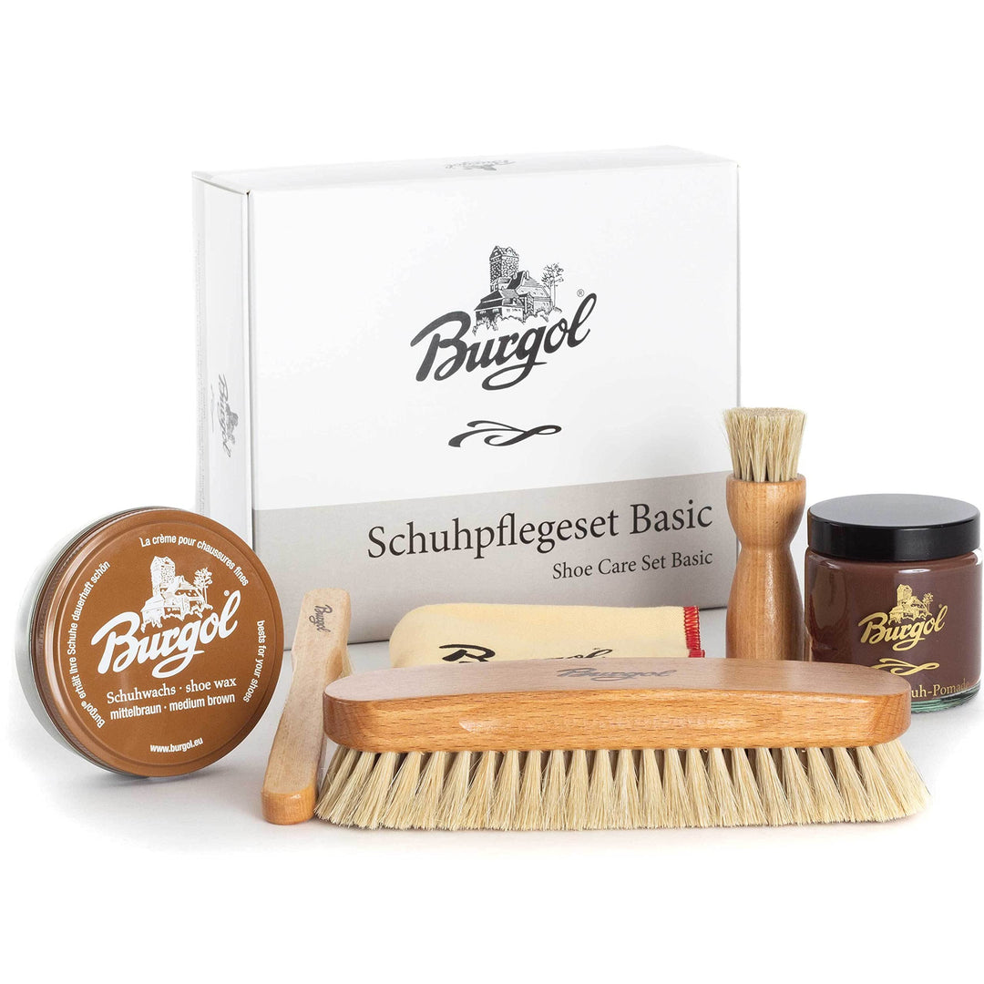 Burgol Schuhpflegeset Basic mit Schuhpomade, Schuhwachs, Rosshaarbürsten und Poliertuch: Farbe: Mitt