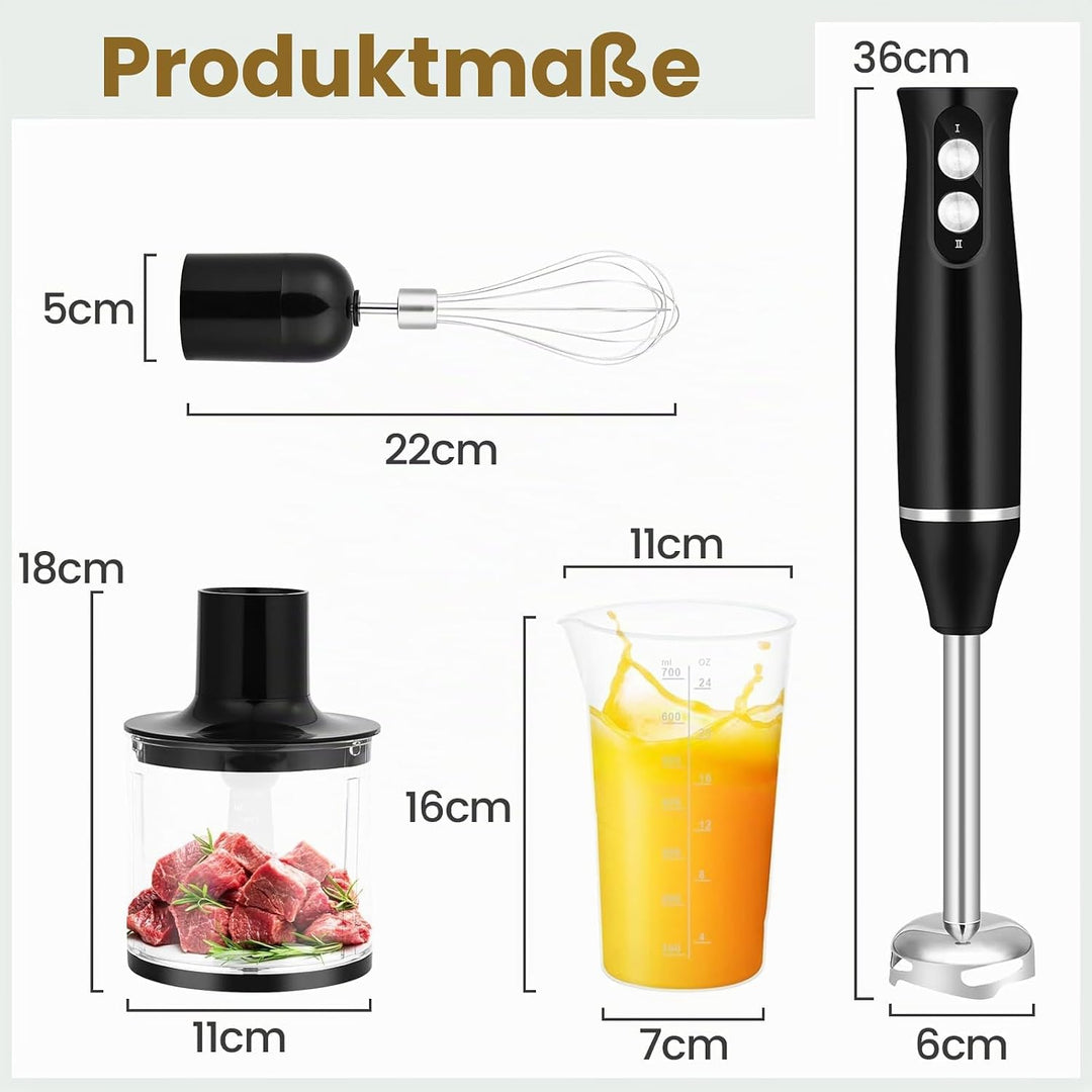 4-in-1 Stabmixer Edelstahl 500W, Pürierstab mit 2 Geschwindigkeiten, Hand Blender Set mit Schneebese
