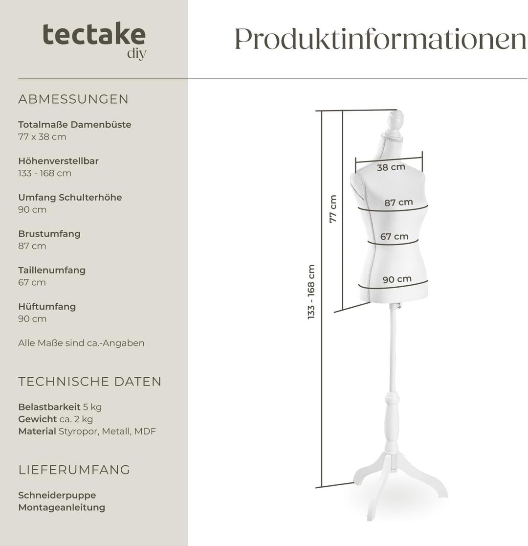 TecTake Damenbüste Schneiderpuppe Büste Torso mit Holzstandfuss | Höhenverstellbar: 133 – 168 cm - D