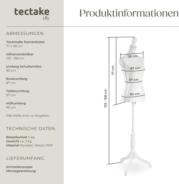 TecTake Damenbüste Schneiderpuppe Büste Torso mit Holzstandfuss | Höhenverstellbar: 133 – 168 cm - D