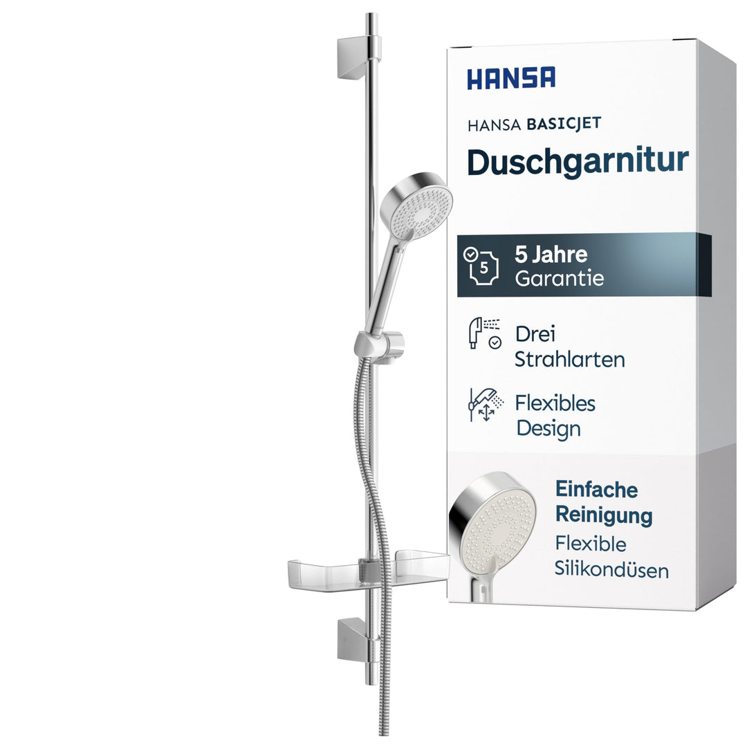 HANSA BASICJET Duschgarnitur | Duschkopf mit Schlauch und Duschstange I Duschbrause mit 3 Strahlarte