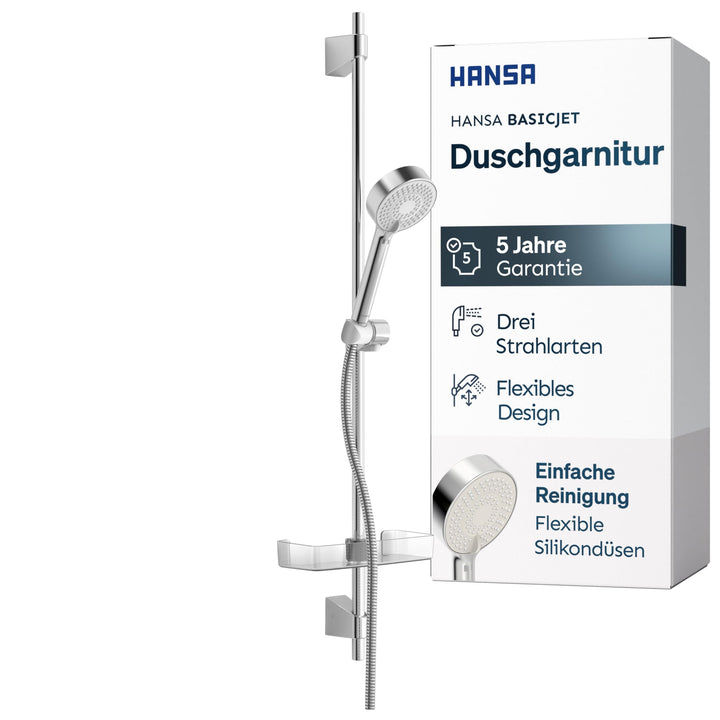 HANSA BASICJET Duschgarnitur | Duschkopf mit Schlauch und Duschstange I Duschbrause mit 3 Strahlarte