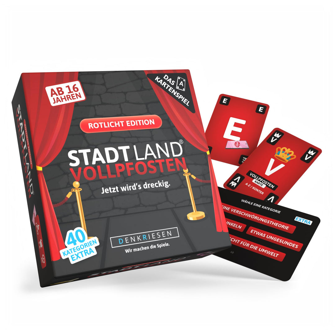 DENKRIESEN - Stadt Land Vollpfosten® – Das Kartenspiel - Rotlicht Edition - 'Jetzt wird's dreckig.'