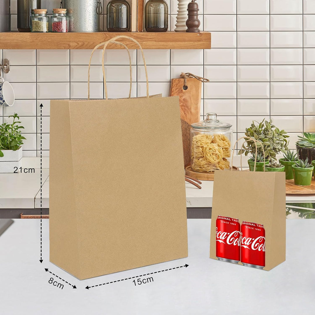 Gucass 50 Stück Klein Papiertüten mit Henkel, Braun Kraft Papiertaschen Geschenktüten, 15x8x21cm Pap