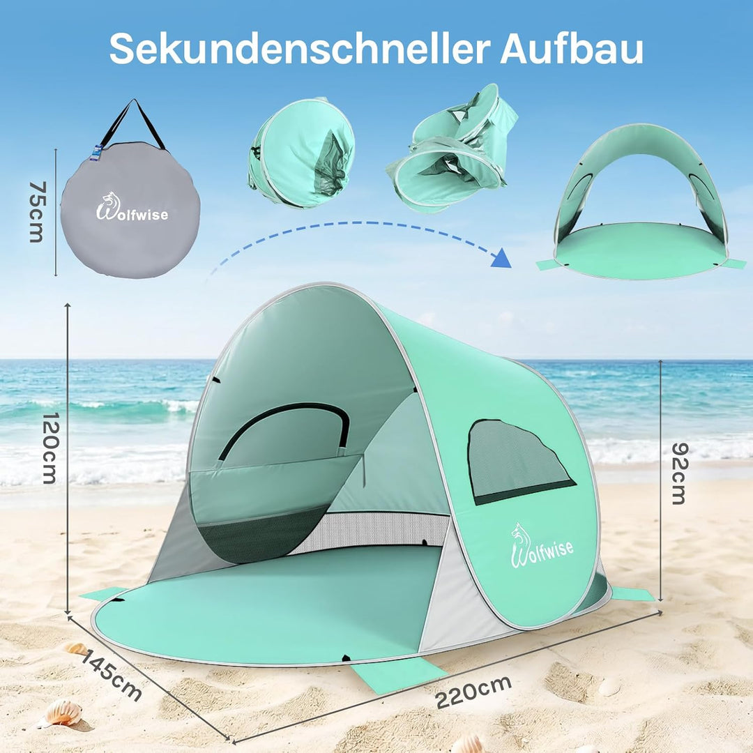Wolfwise Pop Up Strandmuschel für 3-4 Personen, Sofort Aufbau, UV-Schutz 50+, Wasserabweisend, Belüf