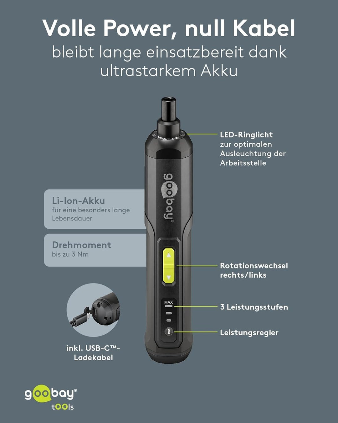 goobay Mini-Akkuschrauber-Set 28 teilig - 24 Bits, 1 Verlängerung, 1 Halterung und 1 Adapter aus Chr