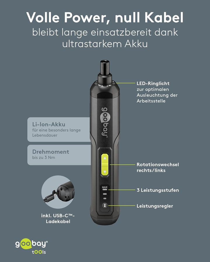 goobay Mini-Akkuschrauber-Set 28 teilig - 24 Bits, 1 Verlängerung, 1 Halterung und 1 Adapter aus Chr