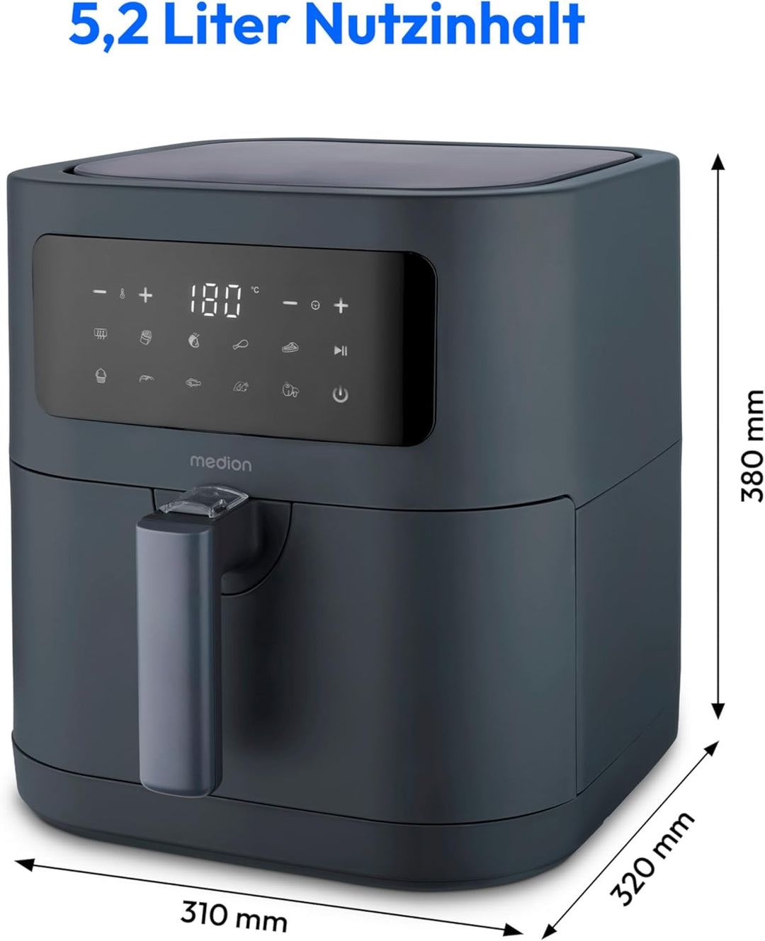 MEDION E40 XL Heissluftfritteuse (5,2 Liter, Airfryer, 2.150 Watt, 9 Automatikprogramme, Backfunktio