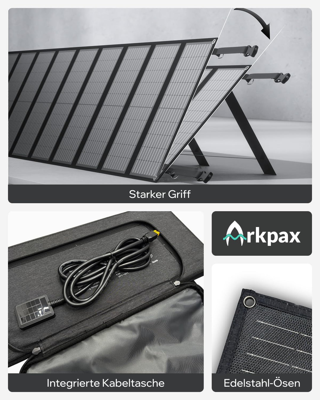 200W faltbares Solarpanel, 12-fach faltbar, IP65 wasserdicht, mit verstellbarem Ständer, tragbares S