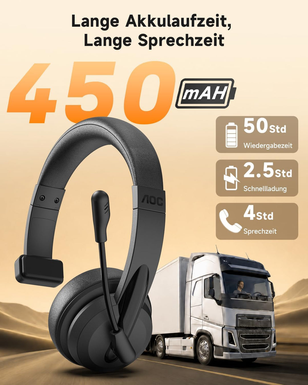 AOC 3-in-1 Bluetooth Headset mit Mikrofon Mono Headset Kabellos 2.4G Dongle | Bluetooth Headset mit