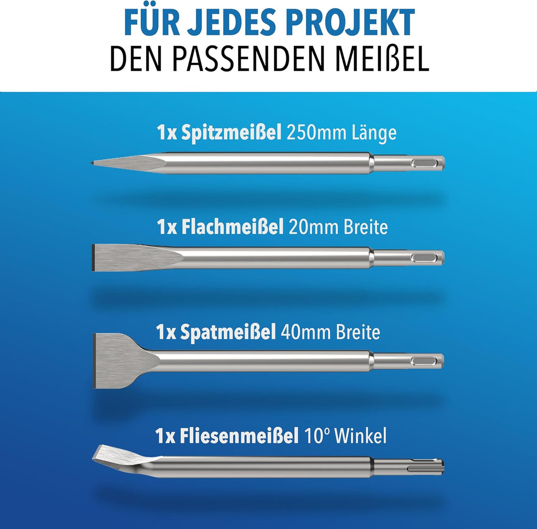 STONE REEF SDS Plus Meissel Set [4-teilig inkl. Fliesenmeissel], Sds Meissel, Meisel, Flachmeissel,
