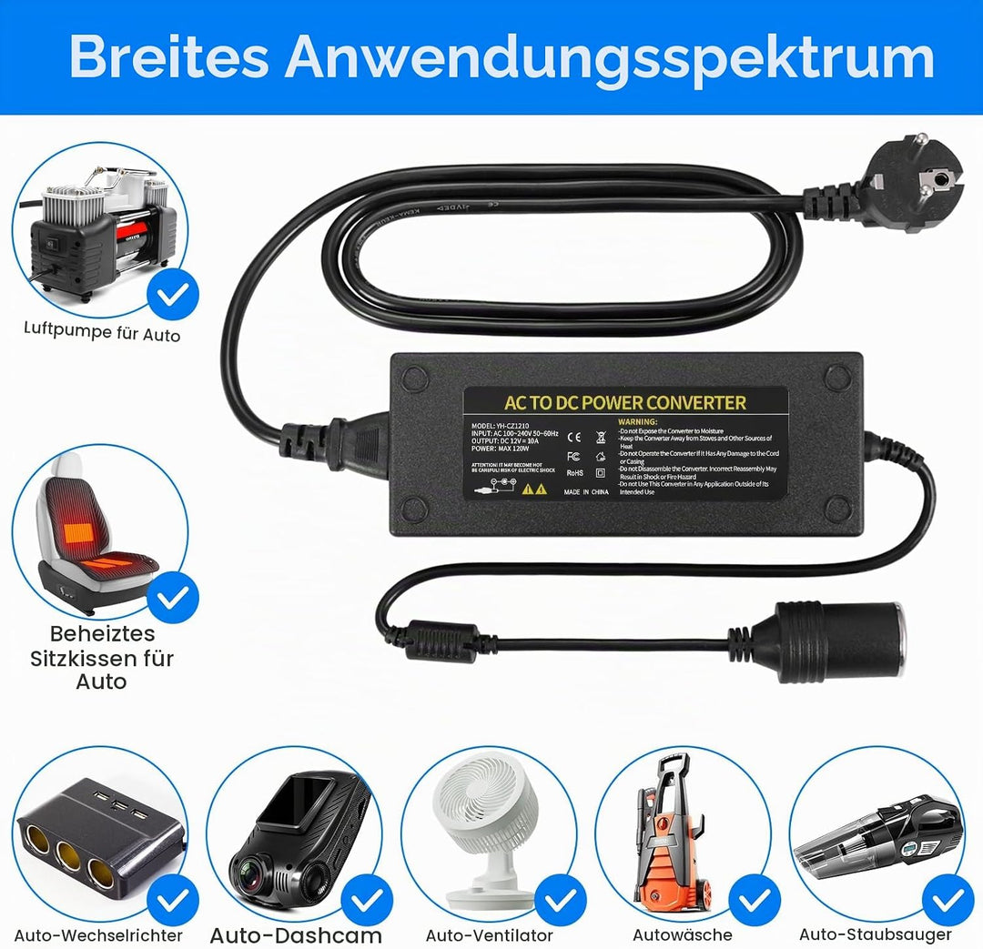 JIZZU 120W 10A KFZ Netzadapter Spannungswandler 230V auf 12V Adapter für Kühlbox, Haushalt Stromrich