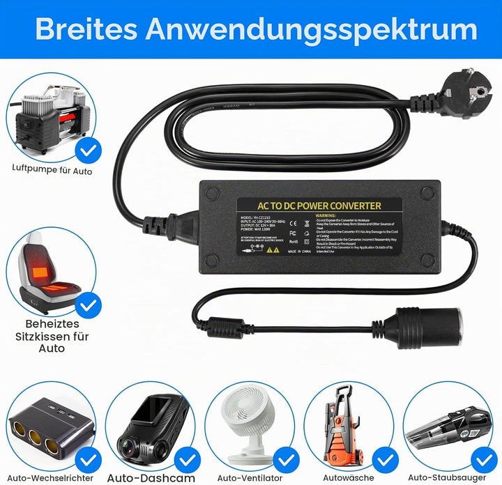 JIZZU 120W 10A KFZ Netzadapter Spannungswandler 230V auf 12V Adapter für Kühlbox, Haushalt Stromrich