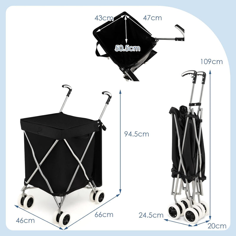 COSTWAY Faltbarer Einkaufstrolley mit Rädern, Kapazität 90 L/55 kg, Handwagen mit Abnehmbarer Oxford