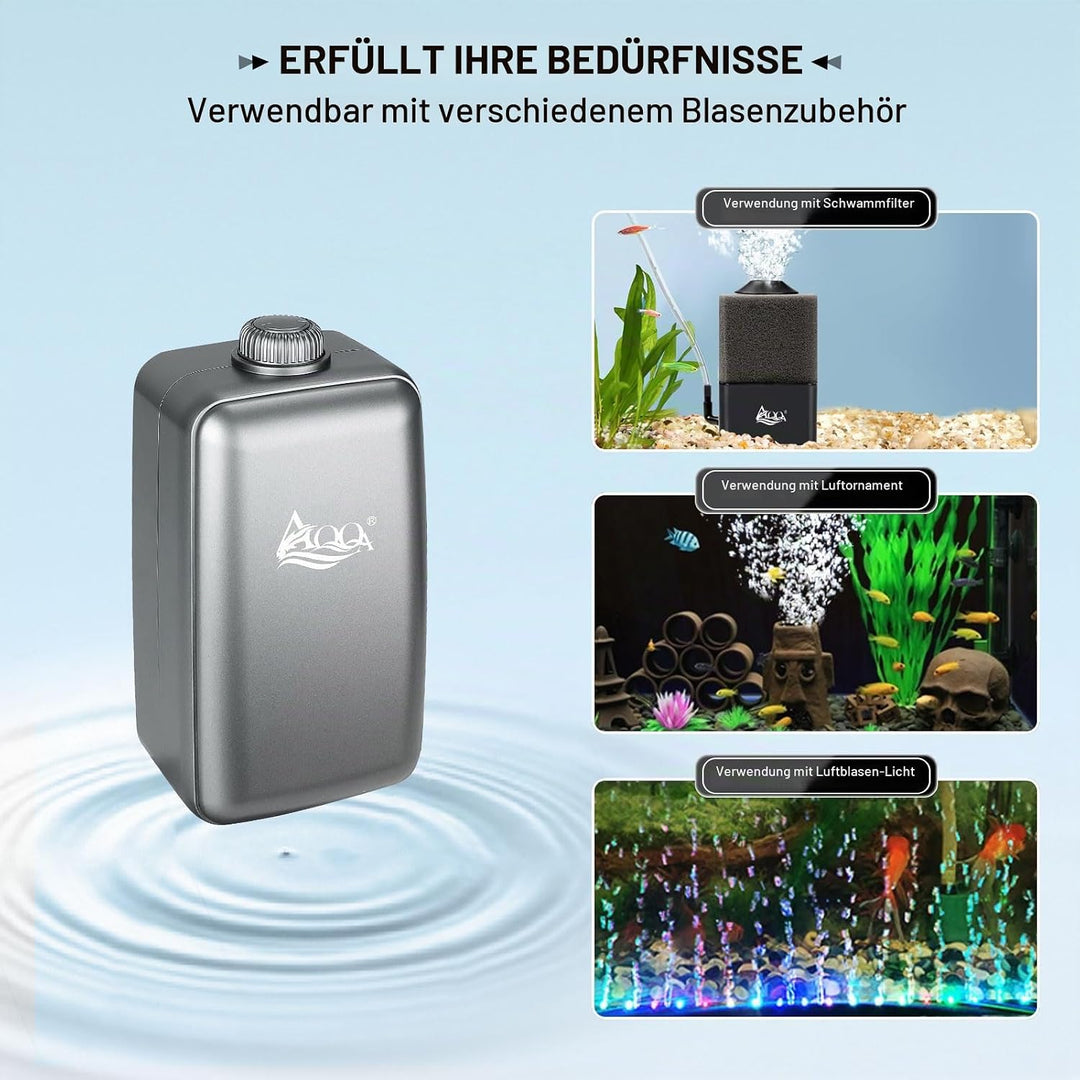 AQQA Aquarium Luftpumpe, ≤ 35dB Extrem Leise Aquarium Sauerstoffpumpe mit Allem Zubehör, für Aquarie