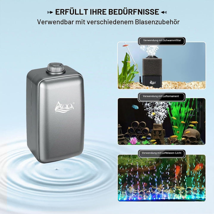 AQQA Aquarium Luftpumpe, ≤ 35dB Extrem Leise Aquarium Sauerstoffpumpe mit Allem Zubehör, für Aquarie